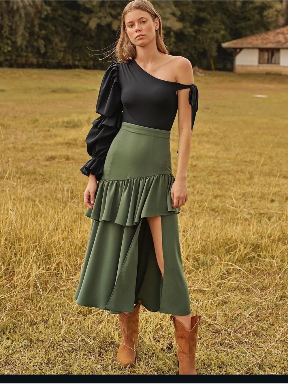 Zunilda Gutiérrez Olive Green Asymmetrical Ruffle Midi Skirt XS